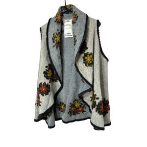 Vintage Concept Cardigan L Cream/Gray Wool Waterfall‎ Sweater Raised Floral Knit